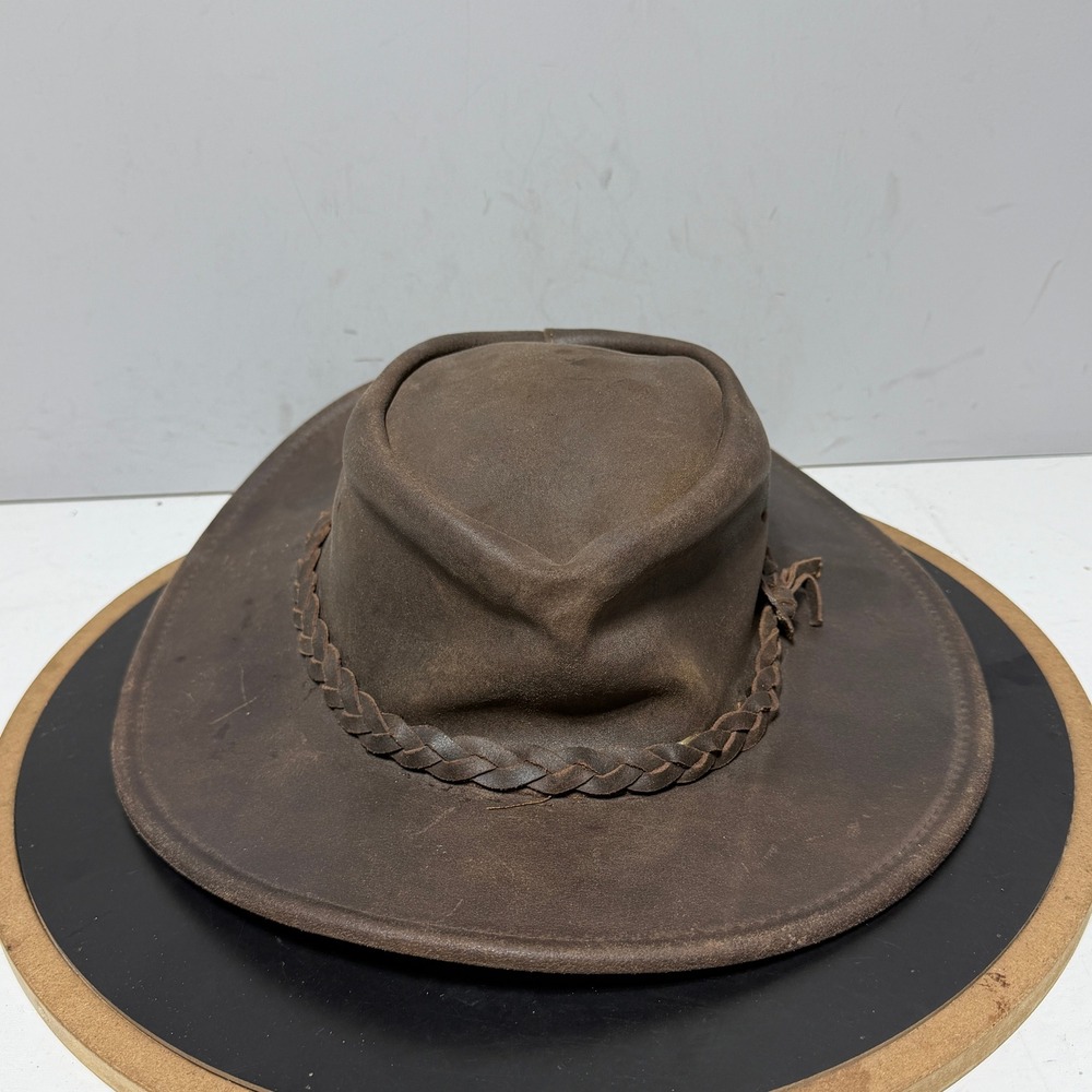 Minnetonka Fold Up Hat Men Medium Outback Packable Brown Leather Hat